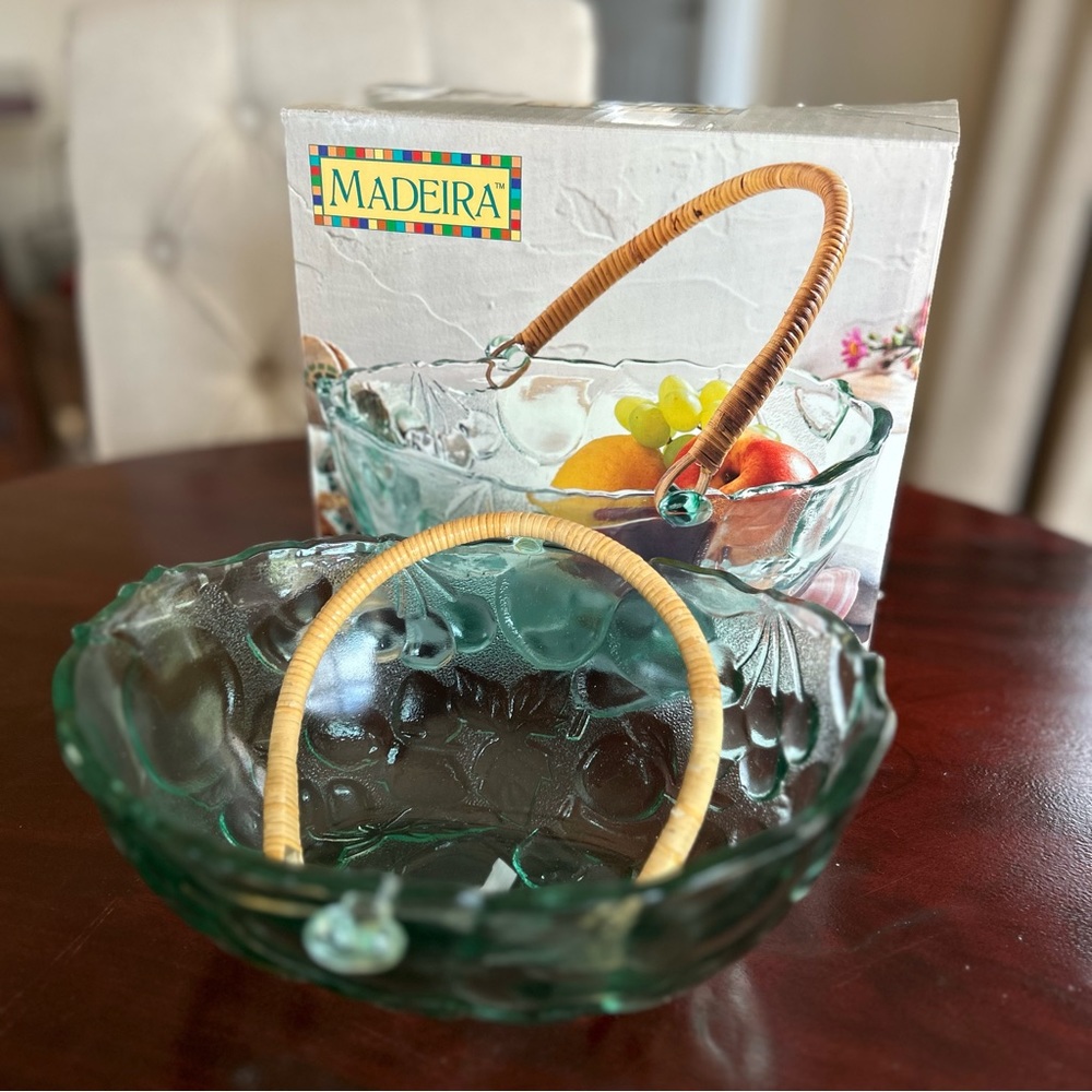 Madeira, New in Box, Oval Basket with Ratten Handle, Indian Glass, Fruit Bowl